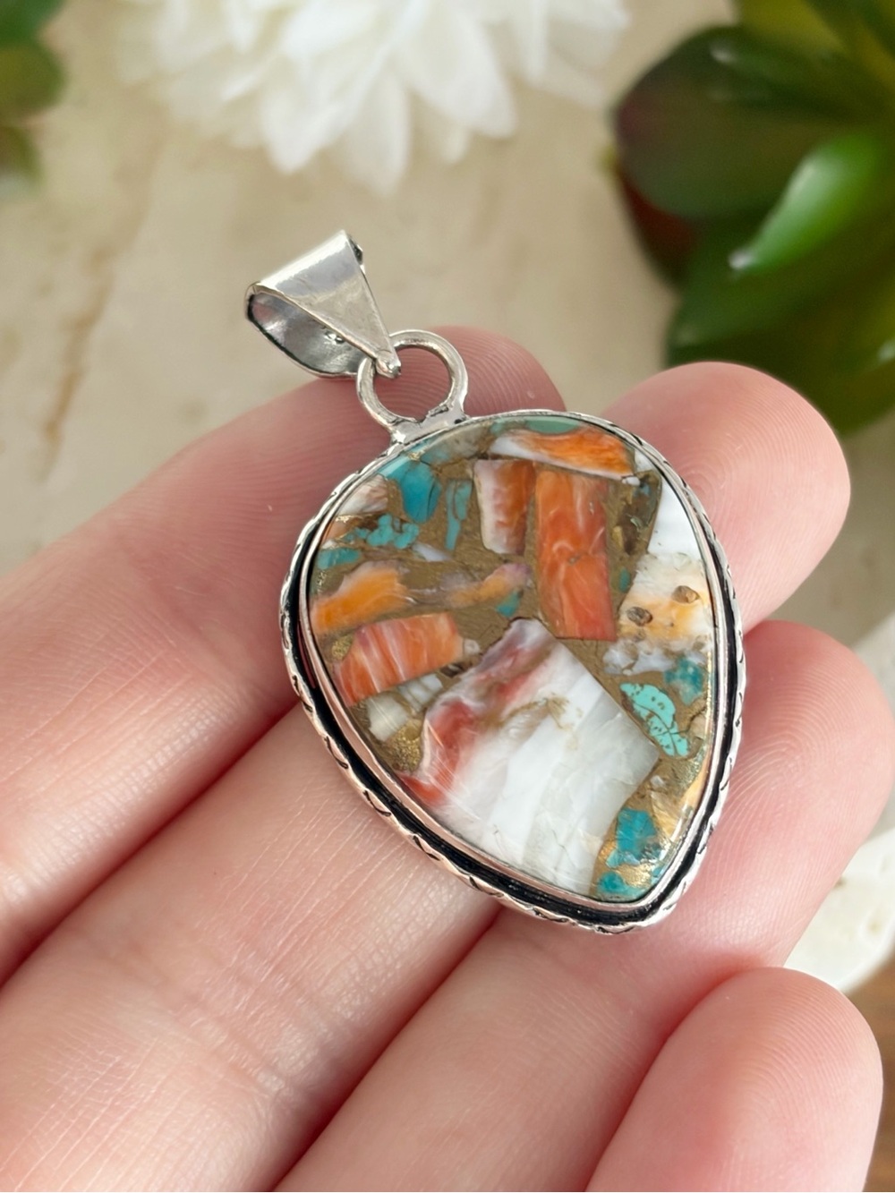Southwest Oyster Turquoise Pendant Pear Sterling Silver 925 Overlay Handmade New